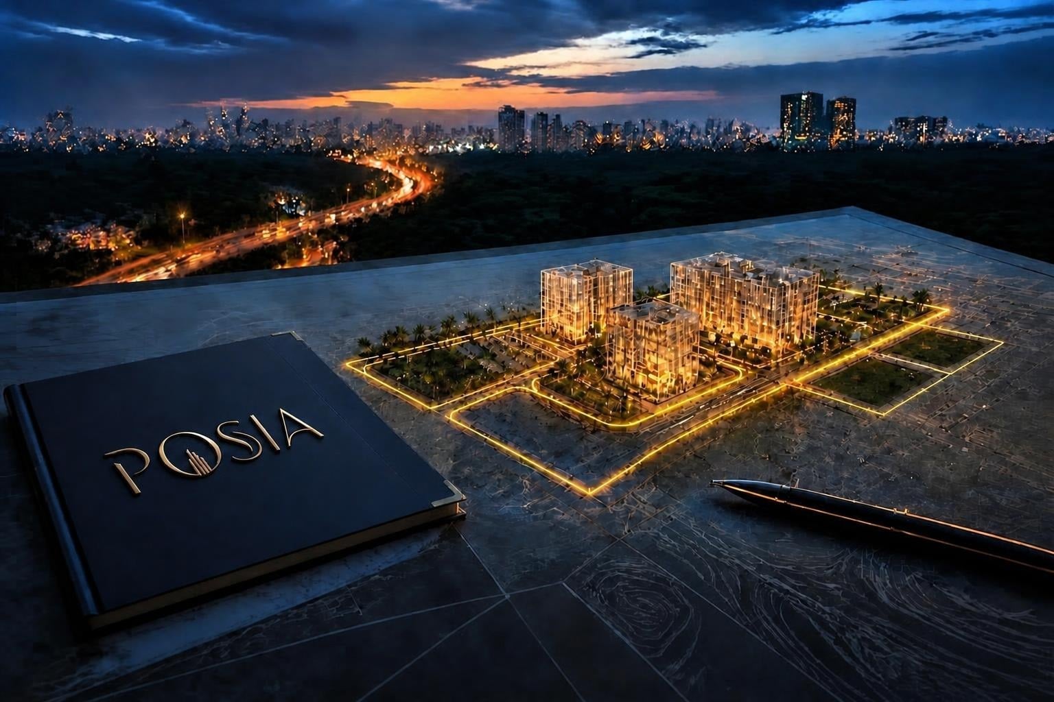 A Posia-branded portfolio resting beside an illuminated master-plan model with the city skyline beyond